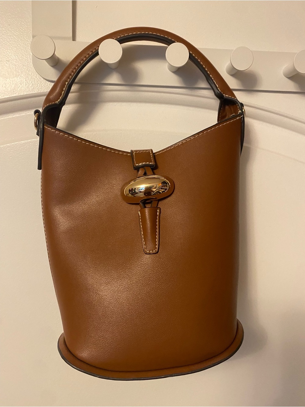 H&M Tan Brown Leather Bucket Crossbody Bag with Gold Accent